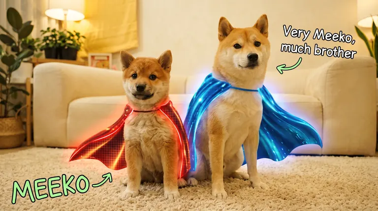 Meeko beside his Shiba big brother in matching capes