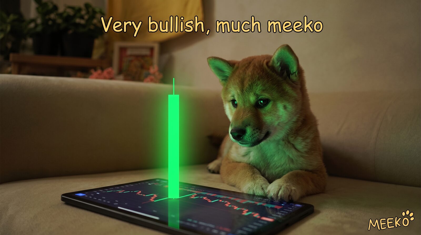 Meeko watching a green candle print