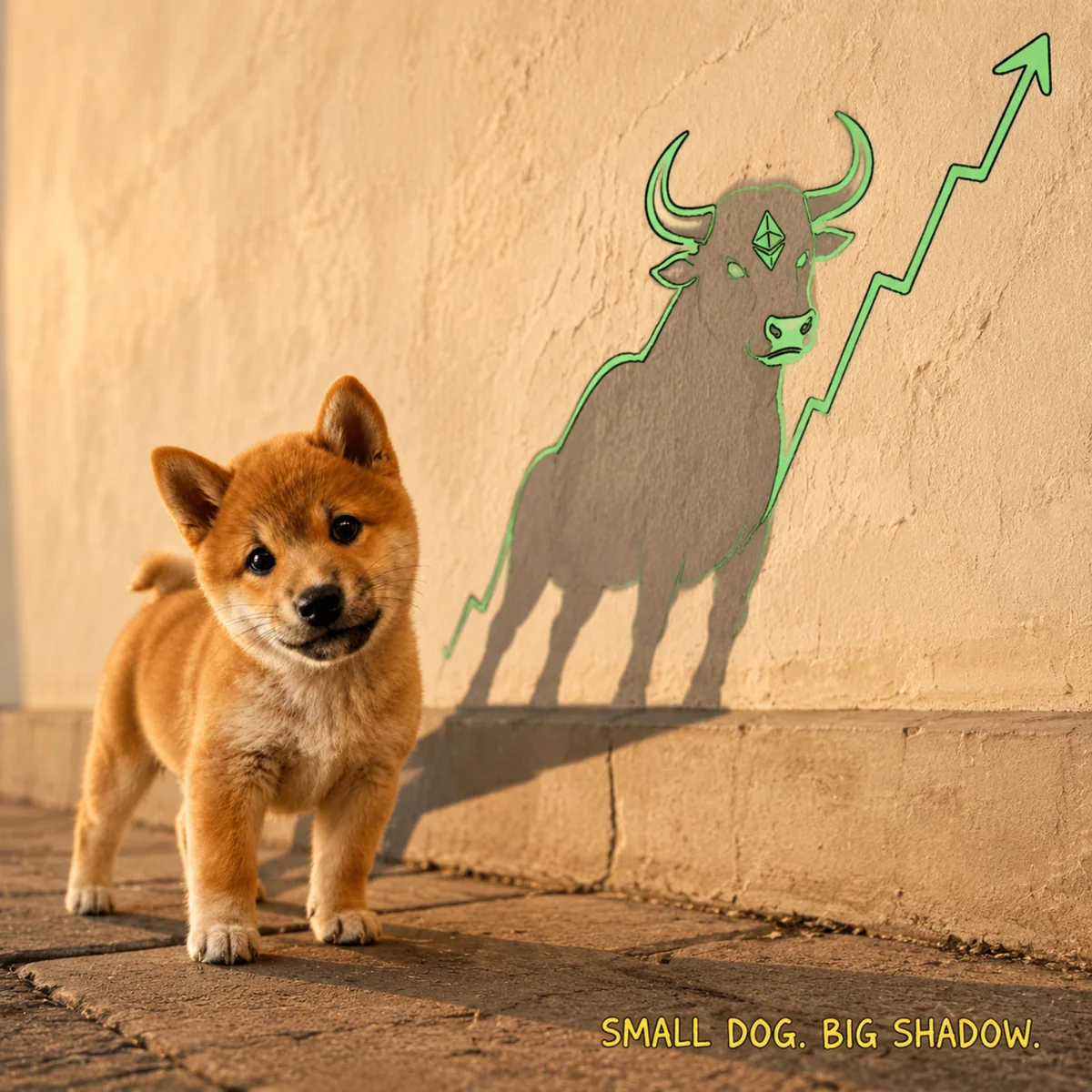 Bullish Meeko standing beside Ethereum artwork